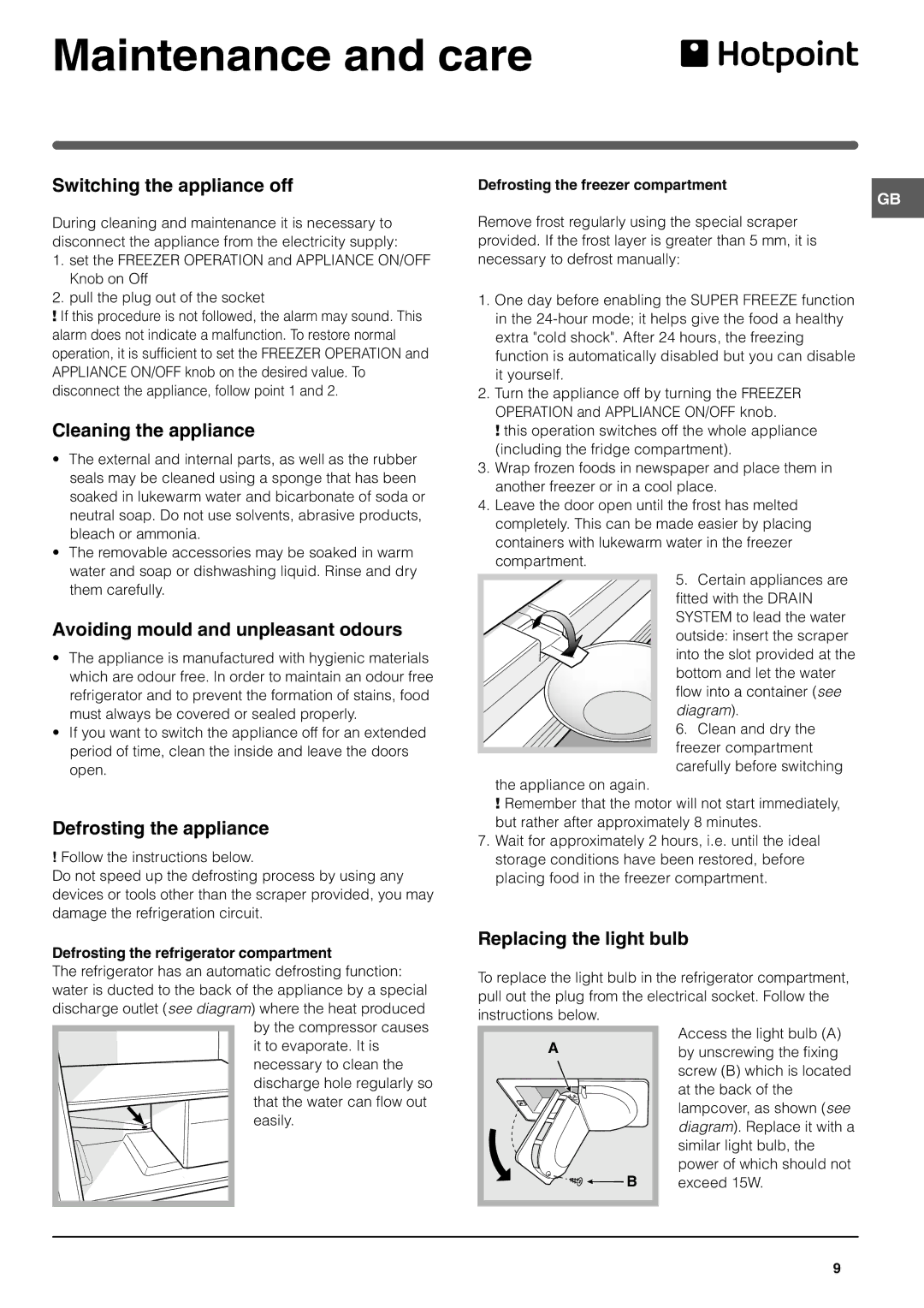 Hotpoint HMB313I manual Maintenance and care 