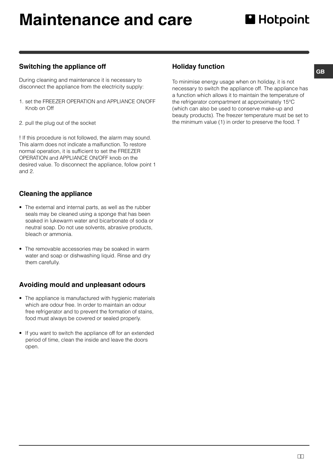 Hotpoint HME35 manual Maintenance and care, Switching the appliance off, Cleaning the appliance, Holiday function 