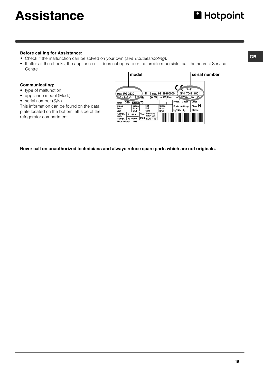 Hotpoint HME35 manual Assistance, Communicating, Model 