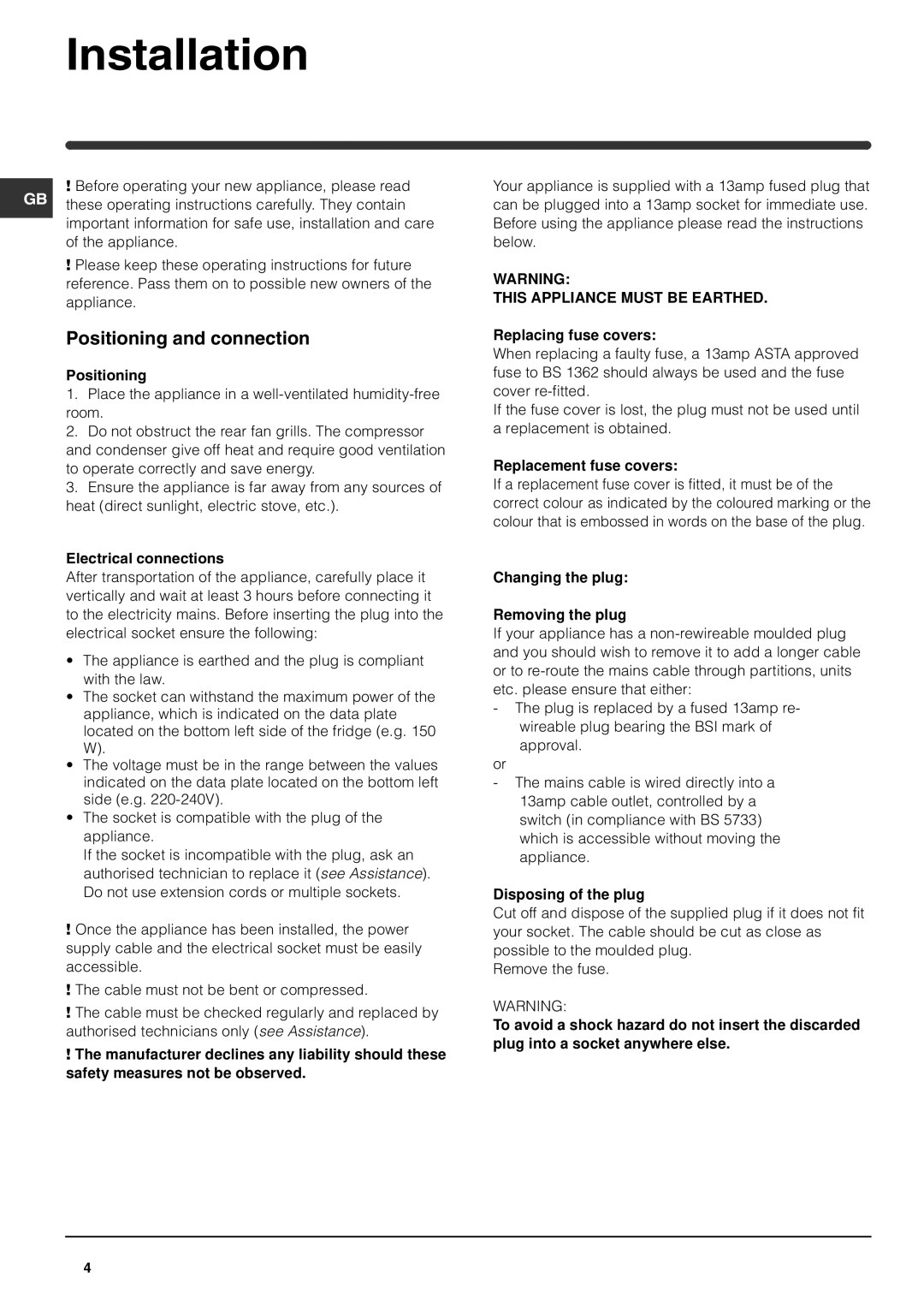 Hotpoint HME35 manual Installation, Positioning and connection, Electrical connections 