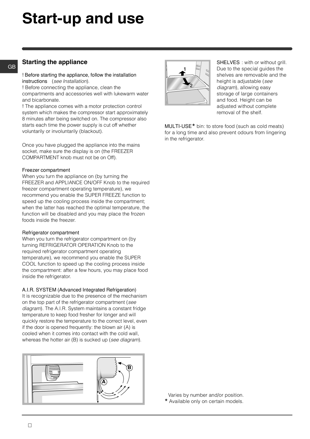 Hotpoint HME35 manual Start-up and use, Starting the appliance, Freezer compartment, Refrigerator compartment 