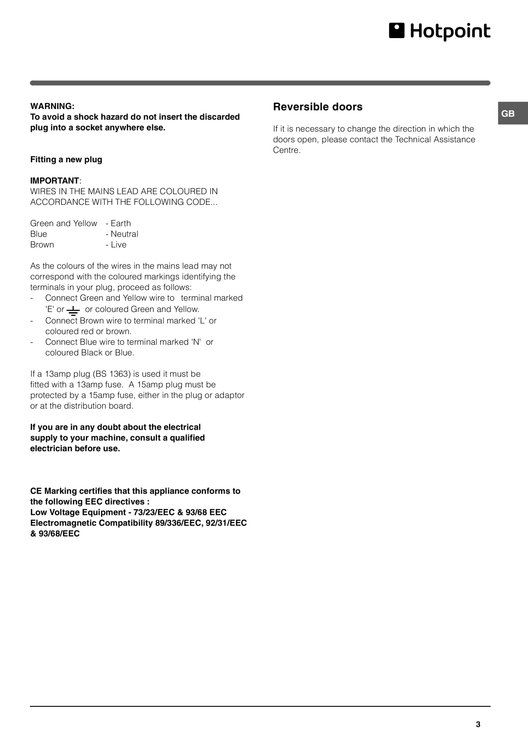 Hotpoint HME400N manual Reversible doors, Plug into a socket anywhere else Fitting a new plug 