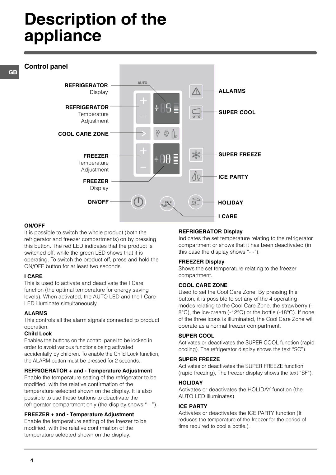 Hotpoint HME400N manual Description of the appliance, Control panel 