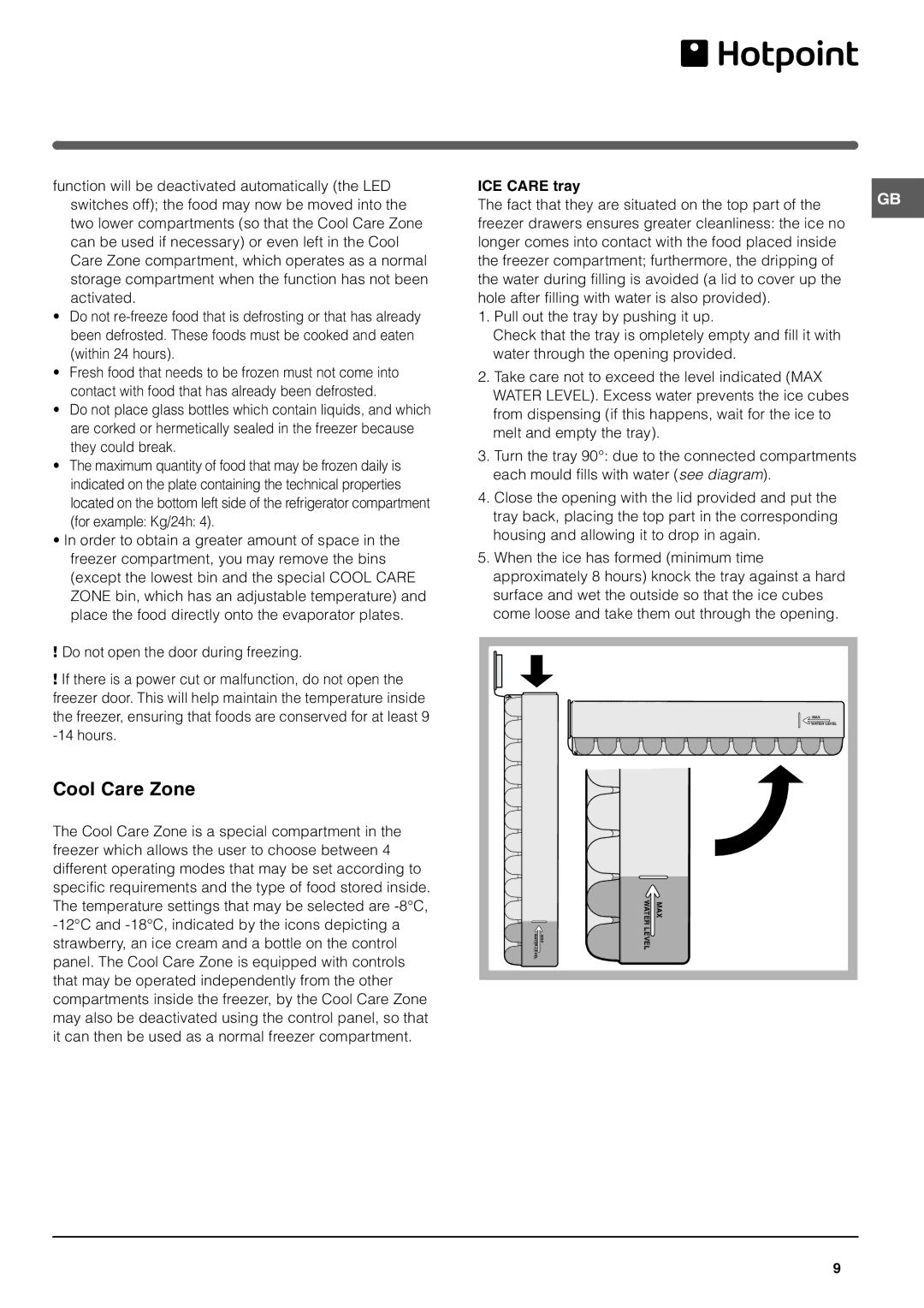 Hotpoint HME400N manual Cool Care Zone, ICE Care tray 