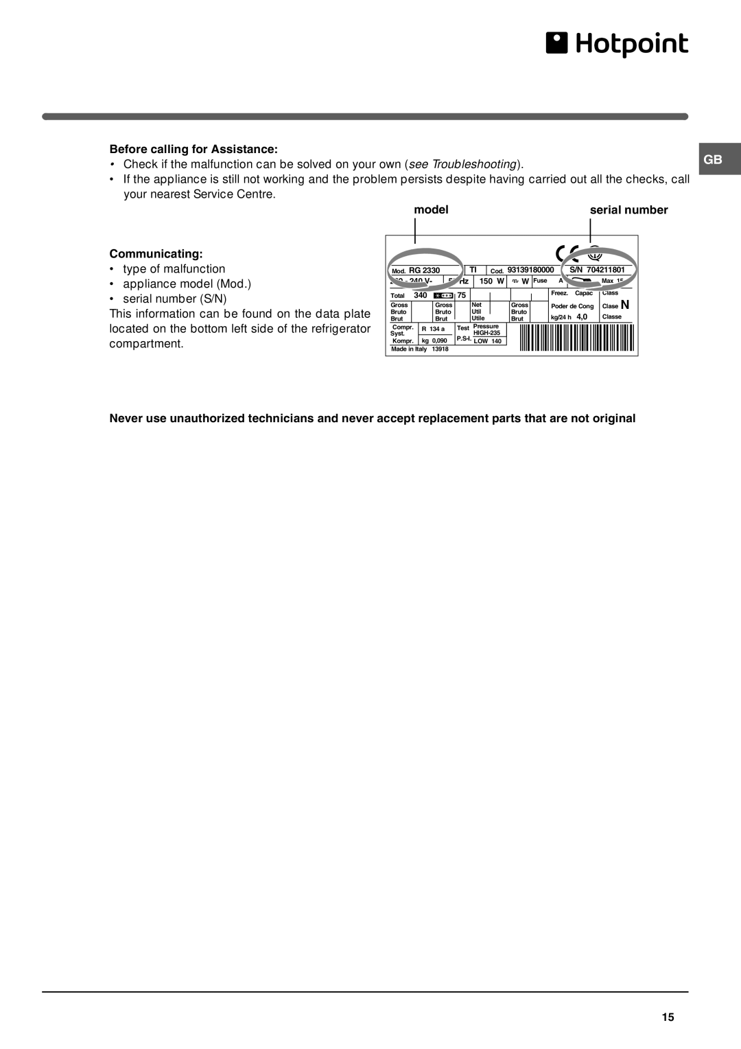 Hotpoint HME40N manual Assistance, Communicating, Model 