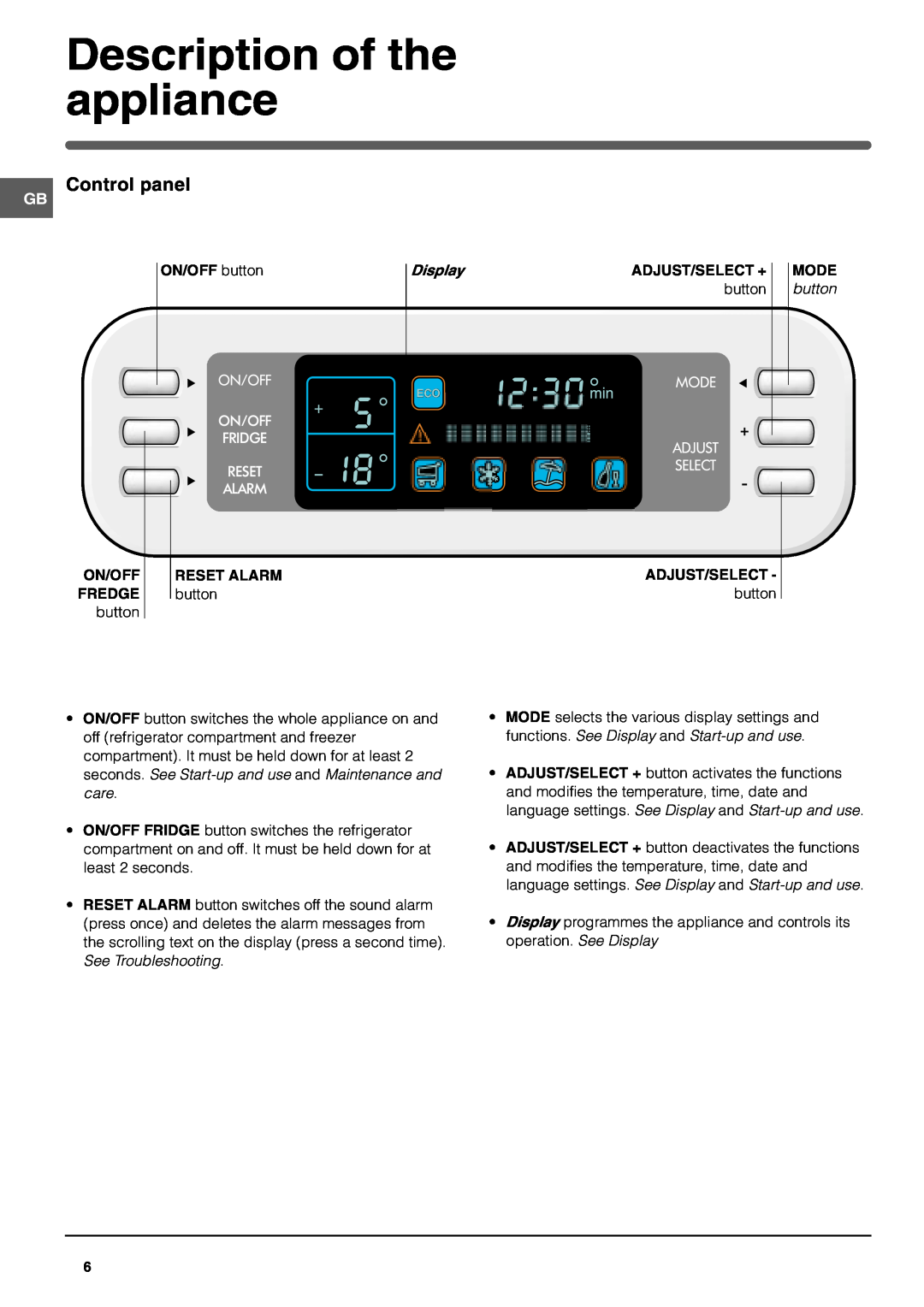 Hotpoint HME40N Description of the appliance, Control panel, ON/OFF button, On/Off Fridge Reset Alarm, Fredge, Display 