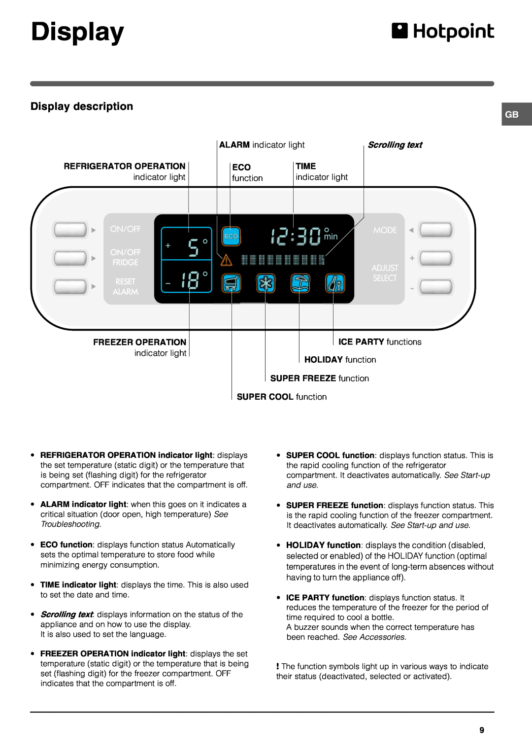 Hotpoint HME40N manual Display description, Refrigerator Operation, Time, On/Off Fridge Reset Alarm, Freezer Operation 