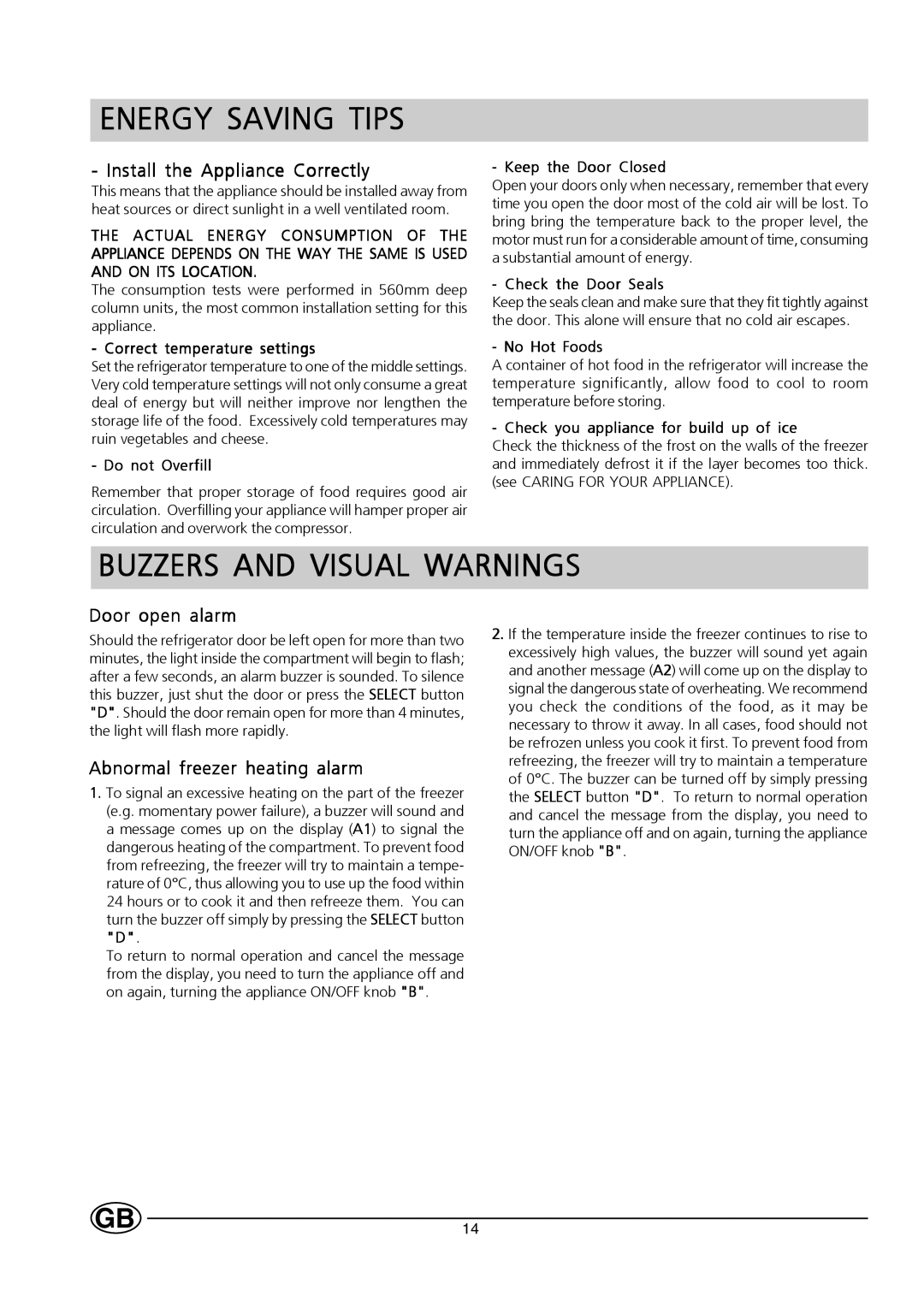 Hotpoint HMS313I manual Energy Saving Tips, Buzzers and Visual Warnings, Install the Appliance Correctly, Door open alarm 