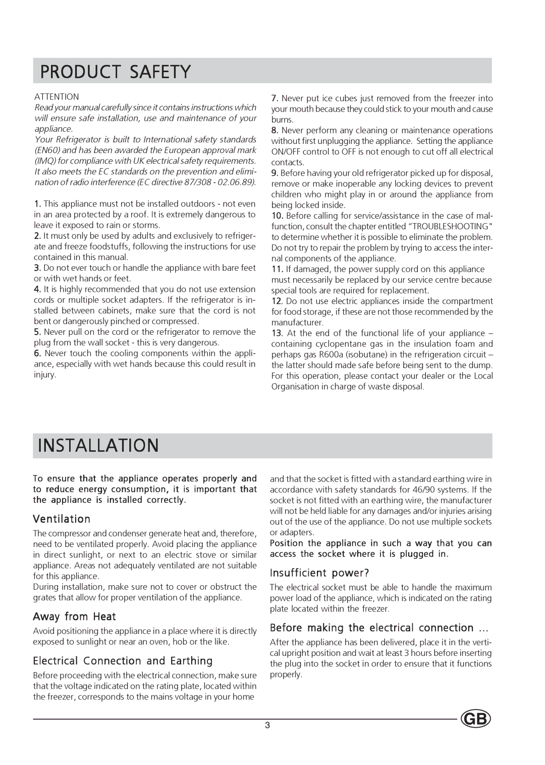 Hotpoint HMS313I manual Product Safety, Installation 