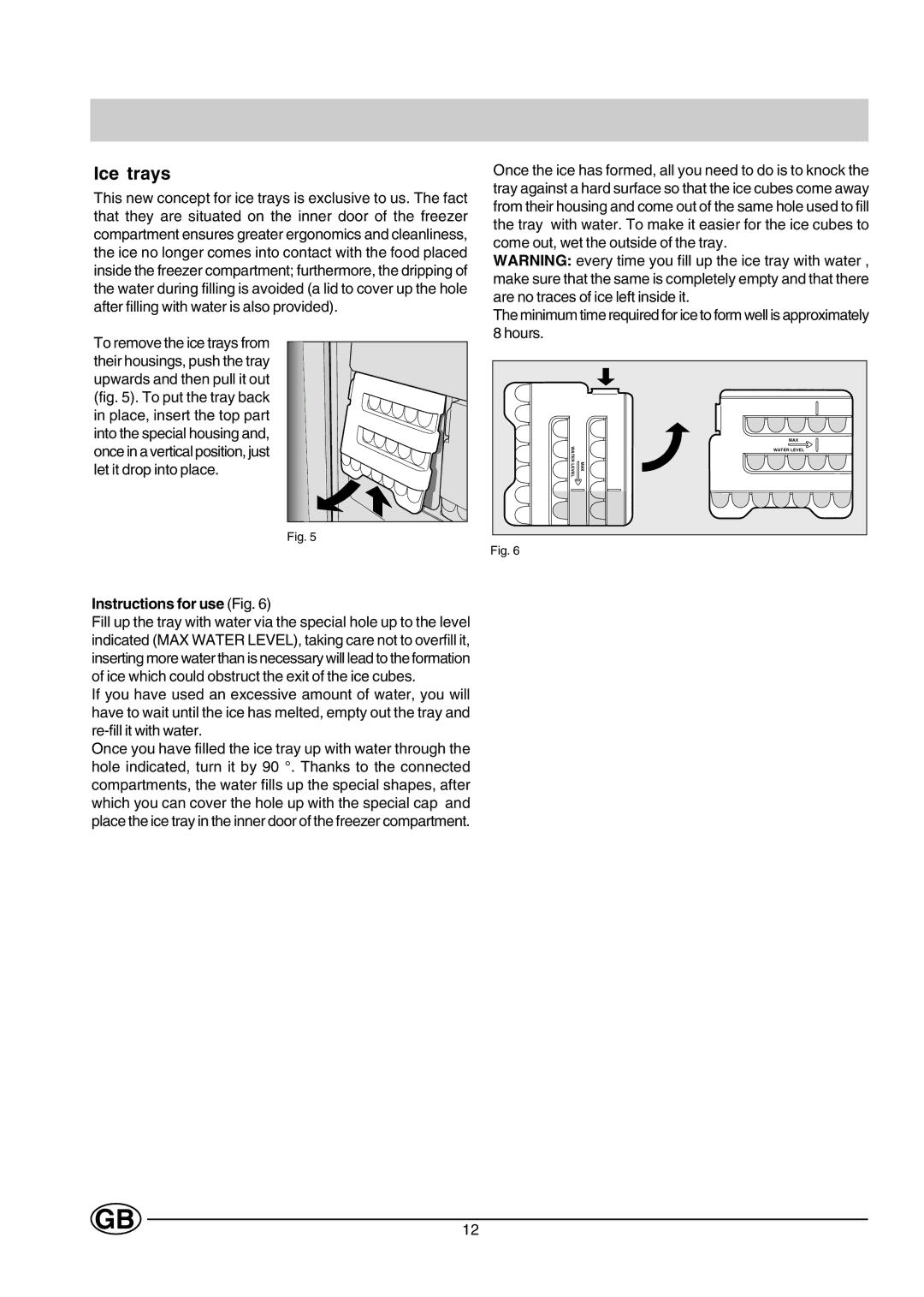 Hotpoint HMT40 manual Ice trays, Instructions for use Fig 