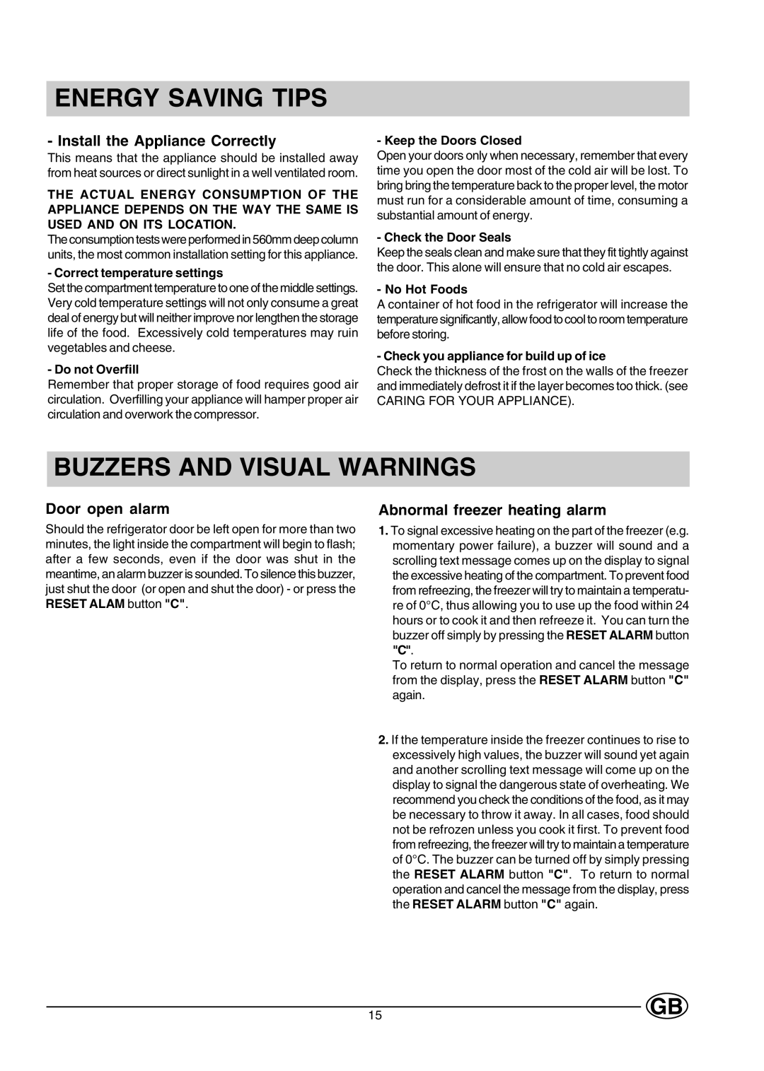 Hotpoint HMT40 manual Energy Saving Tips, Buzzers and Visual Warnings, Install the Appliance Correctly, Door open alarm 