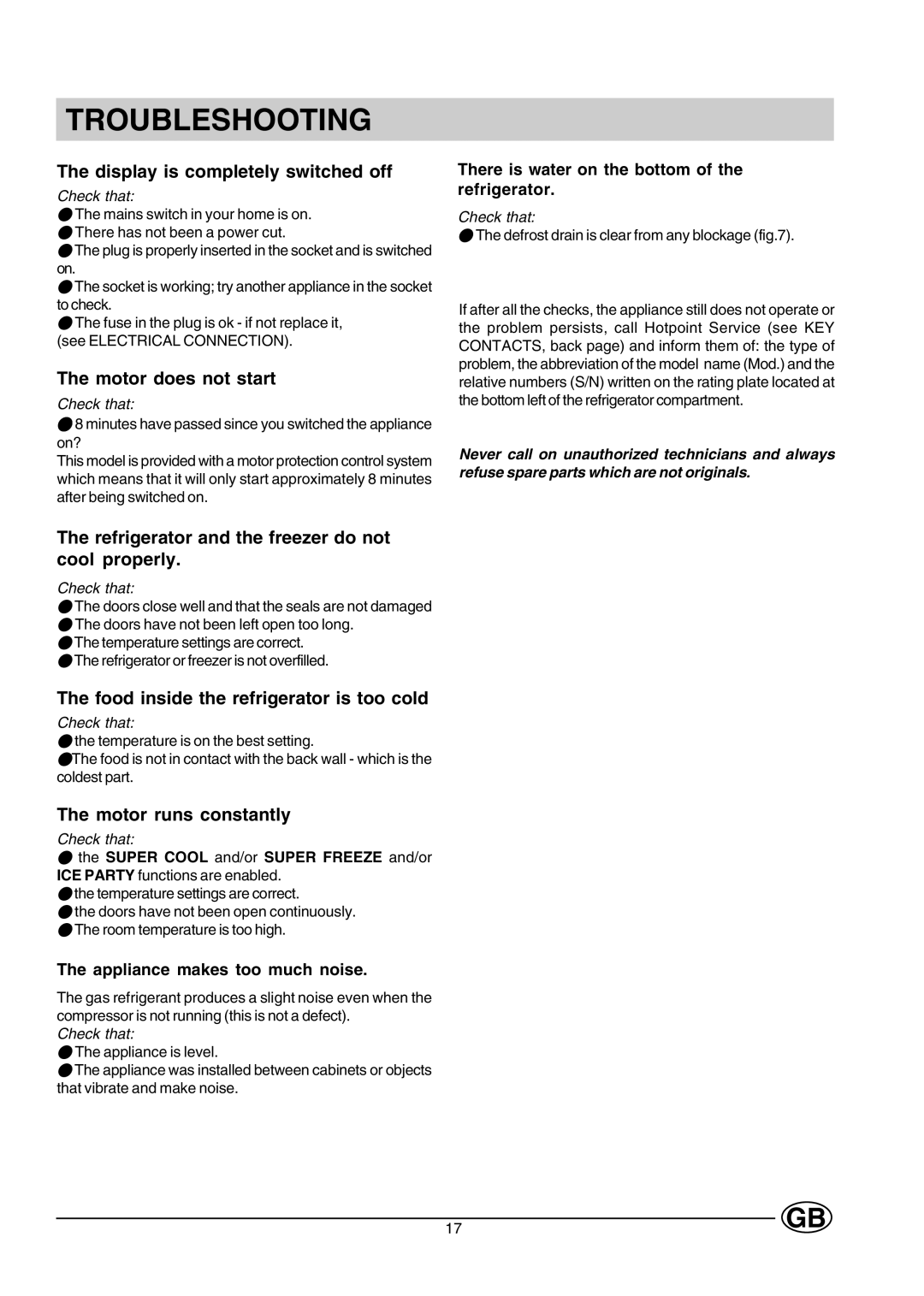 Hotpoint HMT40 manual Troubleshooting 