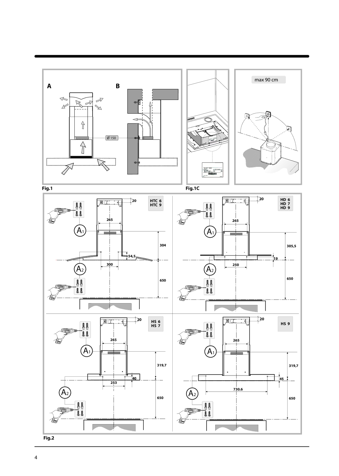 Hotpoint HTC 6, HS 9, HS 7, HS 6, HTC 9, HD 7, HD 6, HD 9 manual Max 90 cm 