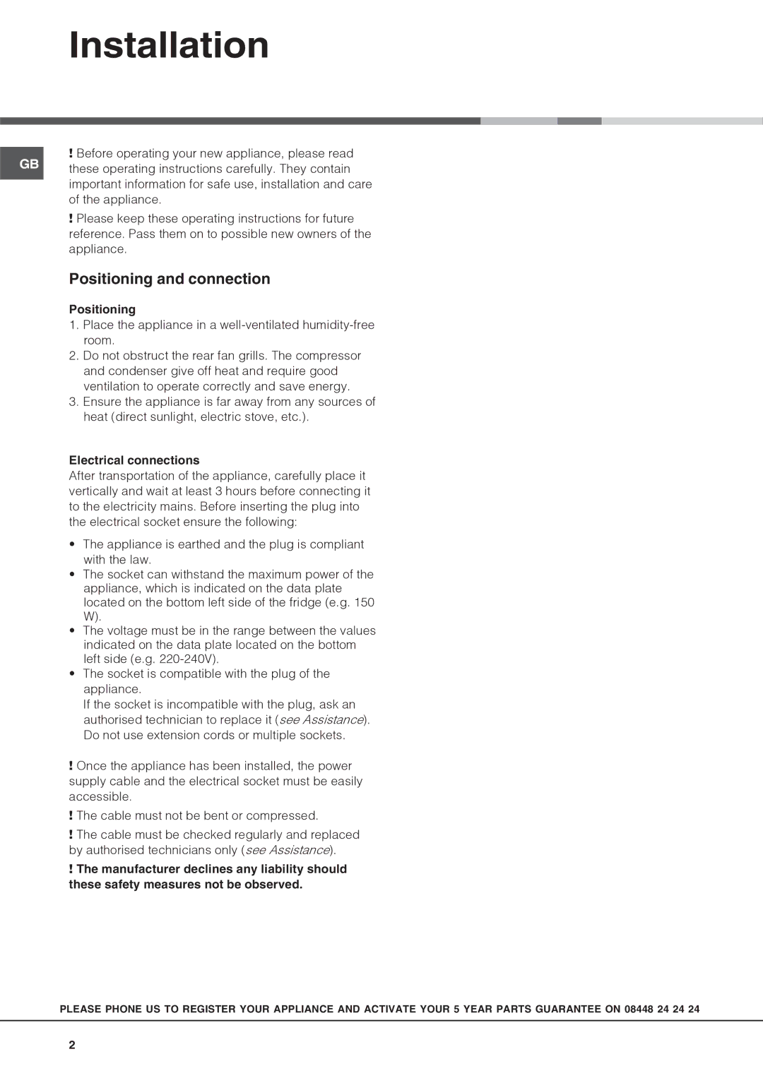 Hotpoint HS2322L manual Installation, Positioning and connection, Electrical connections 