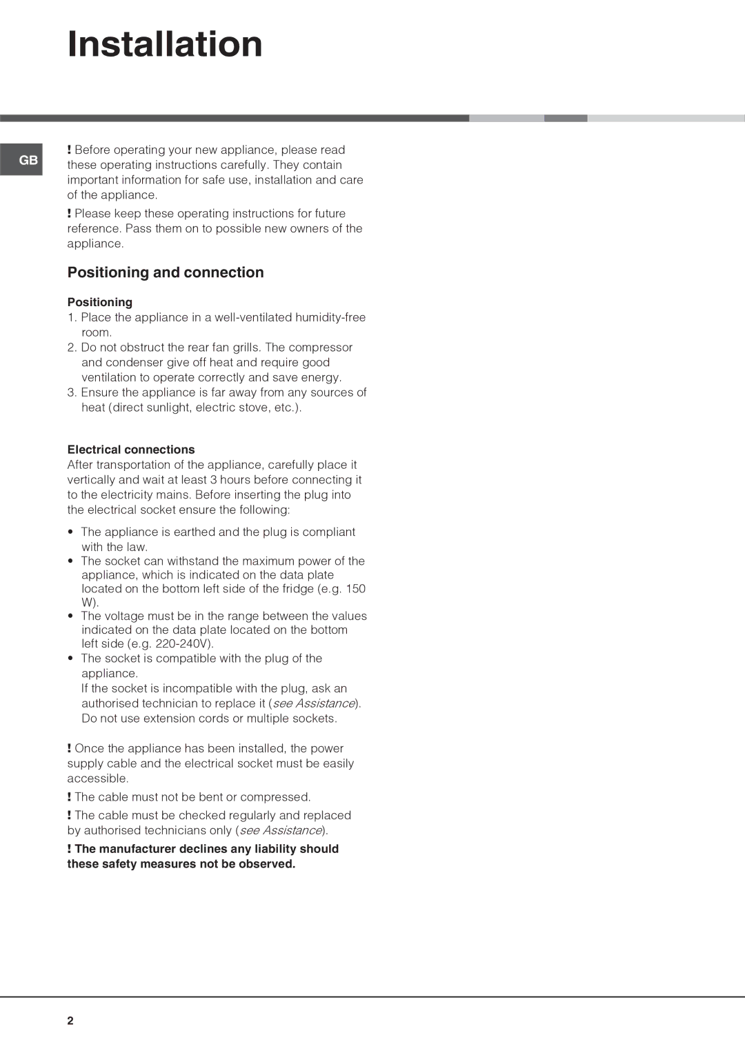 Hotpoint HS3022VL manual Installation, Positioning and connection, Electrical connections 