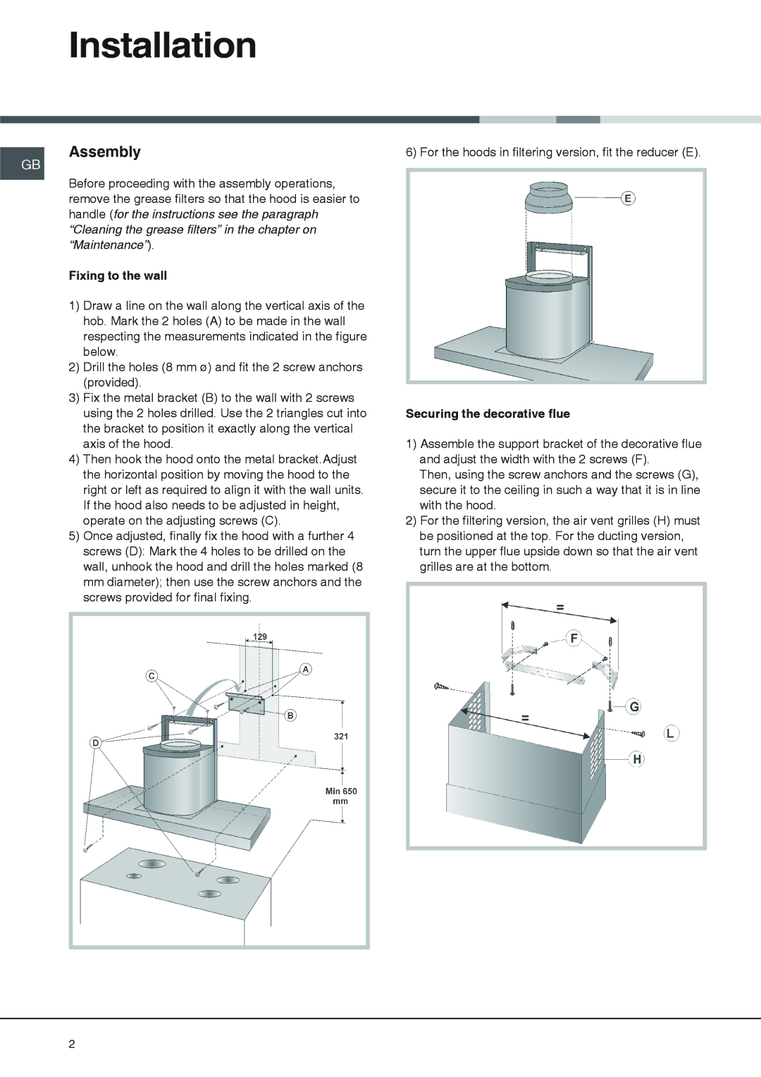 Hotpoint HS73X, HS63X, HS93X, HS93I manual Installation, Assembly, Fixing to the wall, Securing the decorative flue 