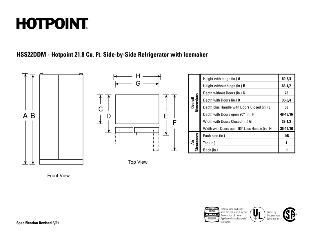 Hotpoint HSS22DDMWH dimensions Front View Top View, 69-3/4, 33-1/2, Specification Revised 3/01 