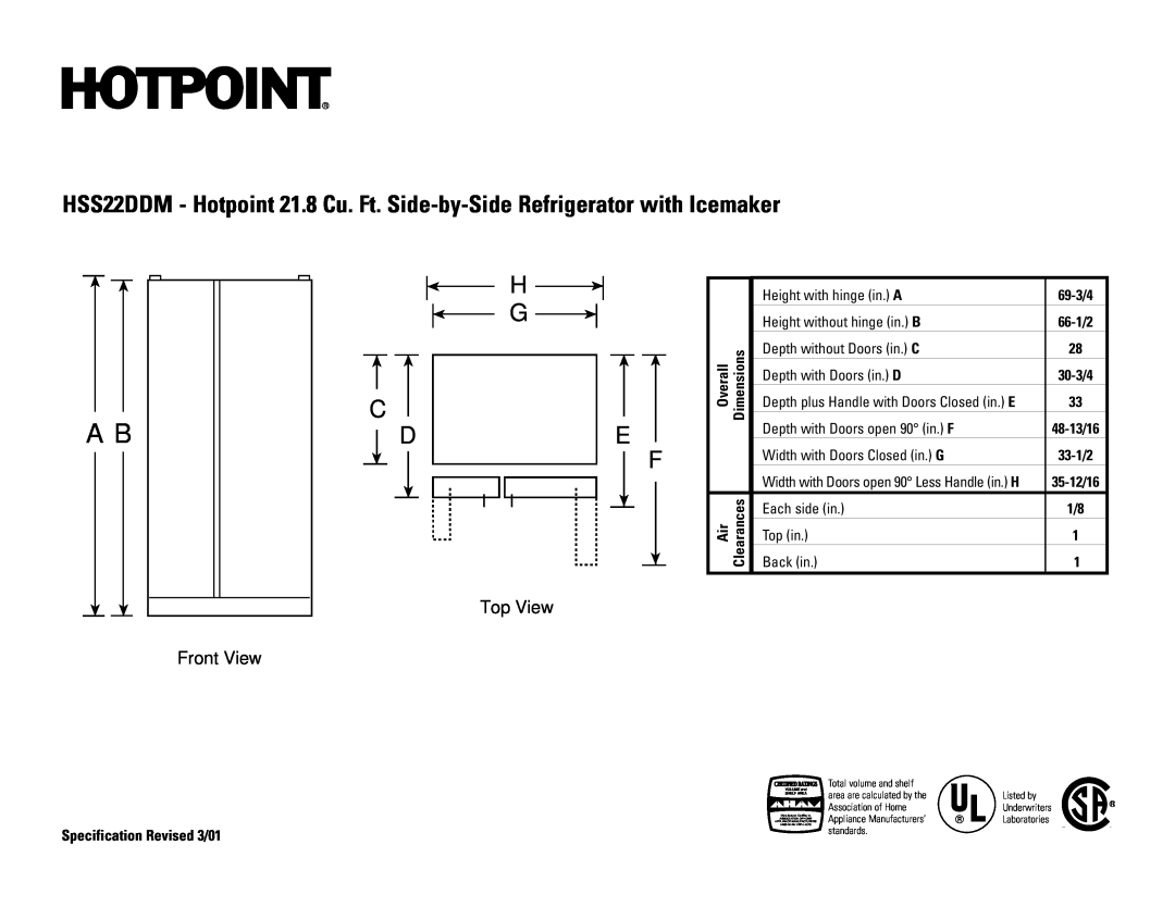 Hotpoint HSS22DDMWH dimensions H G C D, Front View, Top View, 69-3/4, 33-1/2, Specification Revised 3/01 