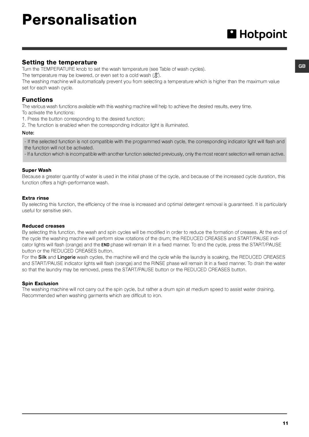 Hotpoint HSTB 621 manual Personalisation, Setting the temperature, Functions 