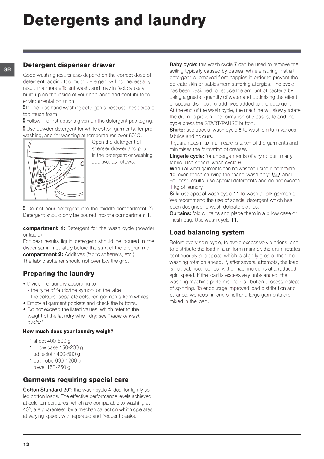 Hotpoint HSTB 621 manual Detergents and laundry, Detergent dispenser drawer, Preparing the laundry, Load balancing system 