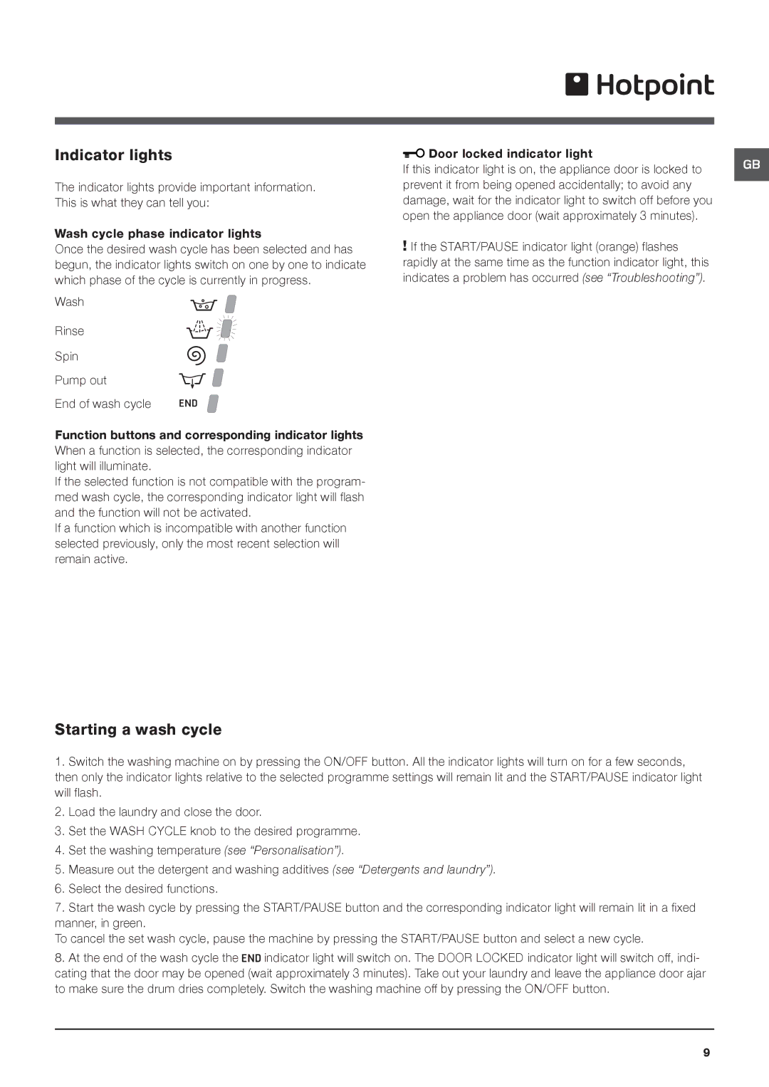 Hotpoint HSTB 621 manual Indicator lights, Starting a wash cycle 