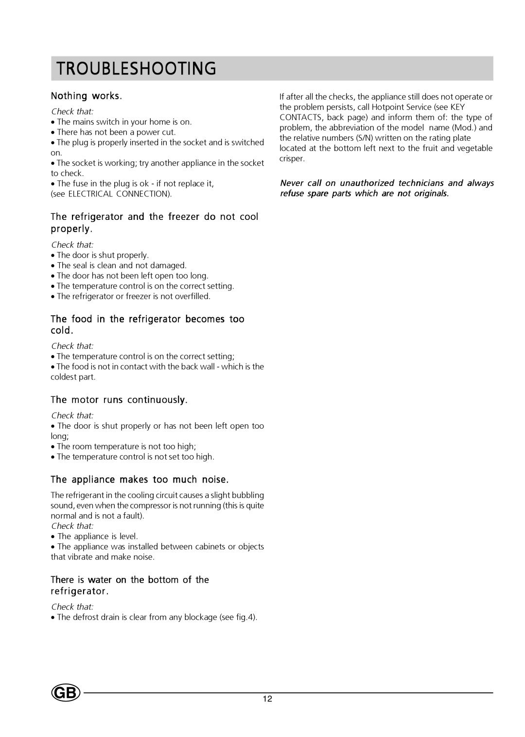 Hotpoint HT232I manual Troubleshooting 