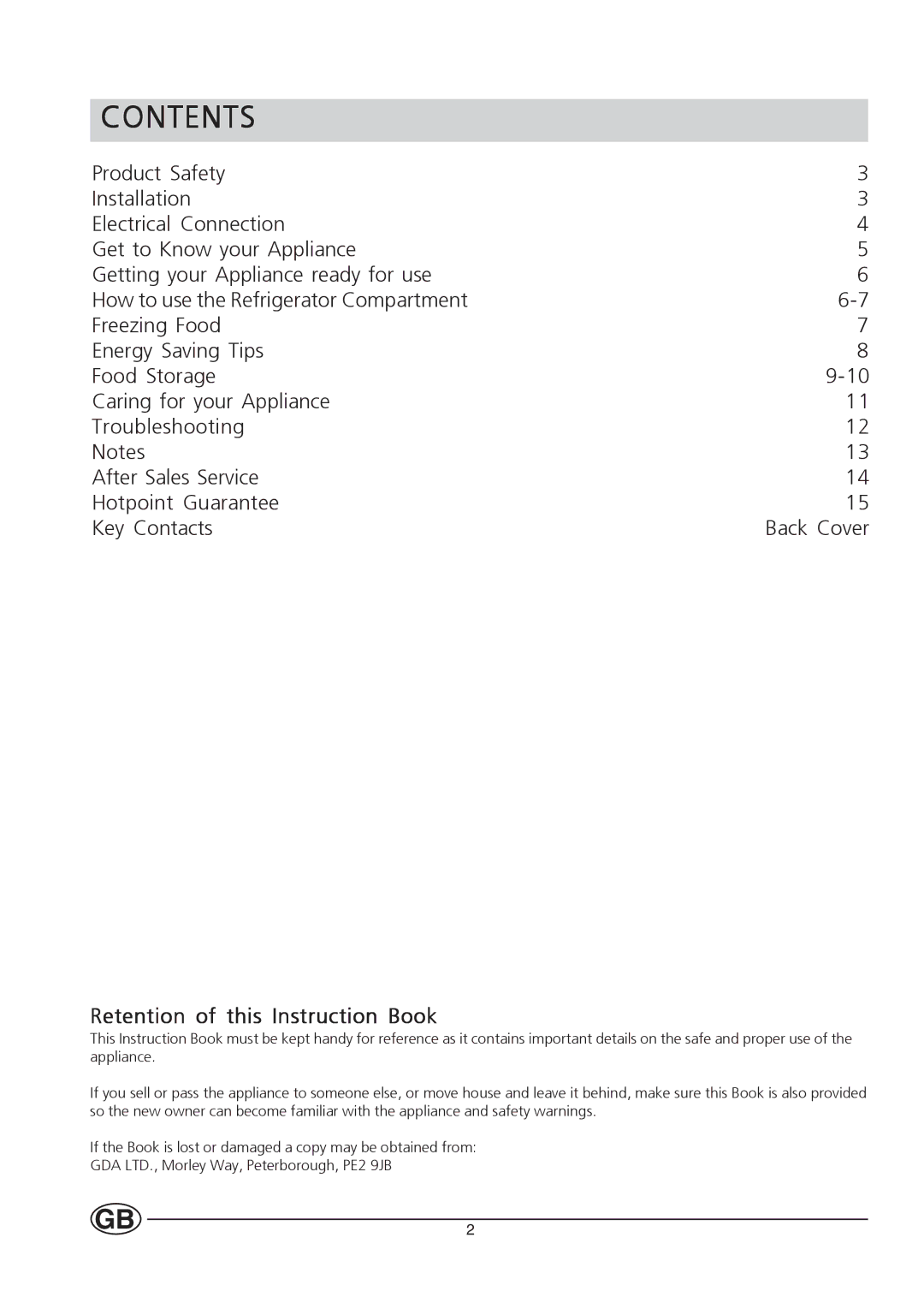 Hotpoint HT232I manual Contents 