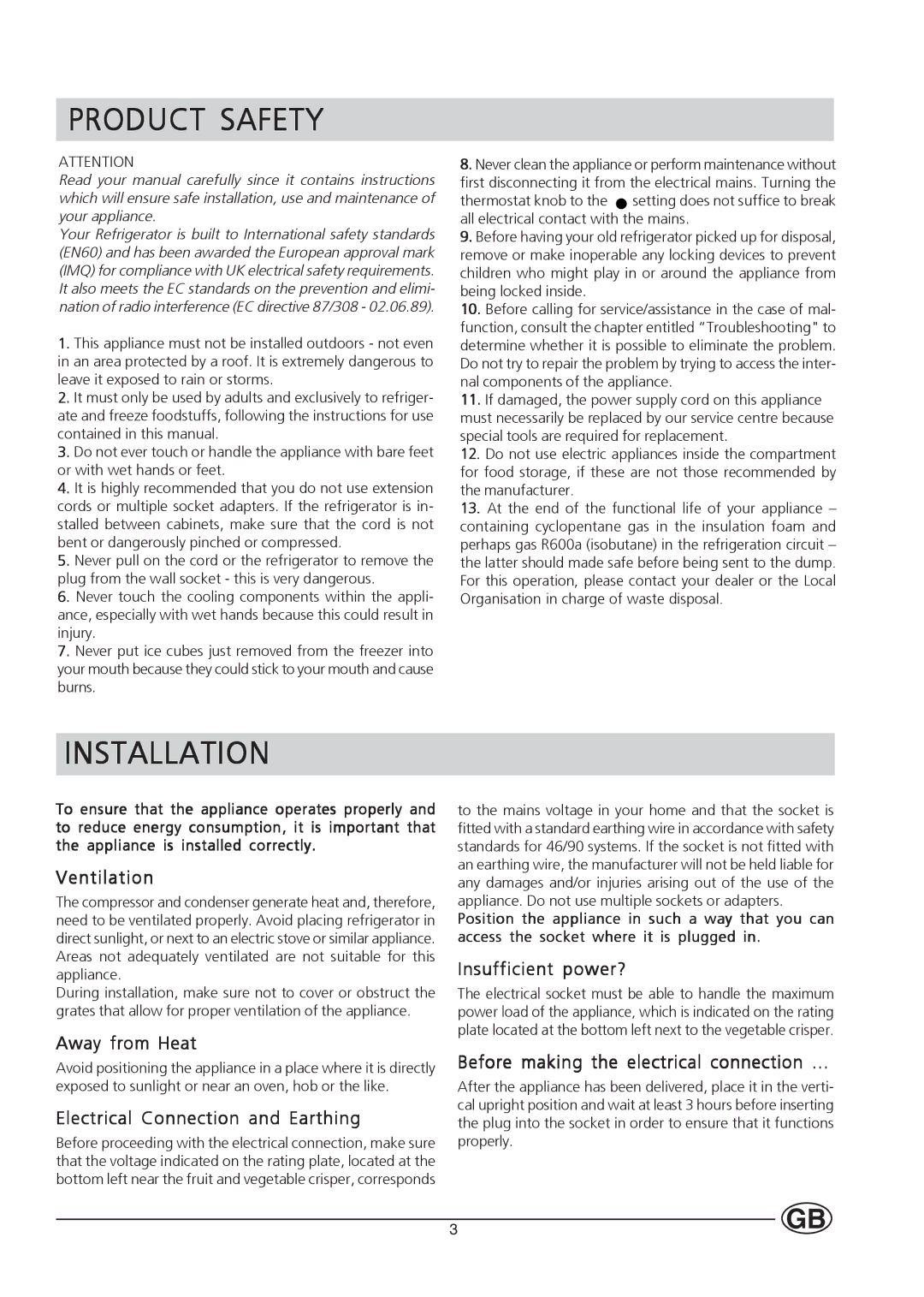 Hotpoint HT232I manual Product Safety, Installation 
