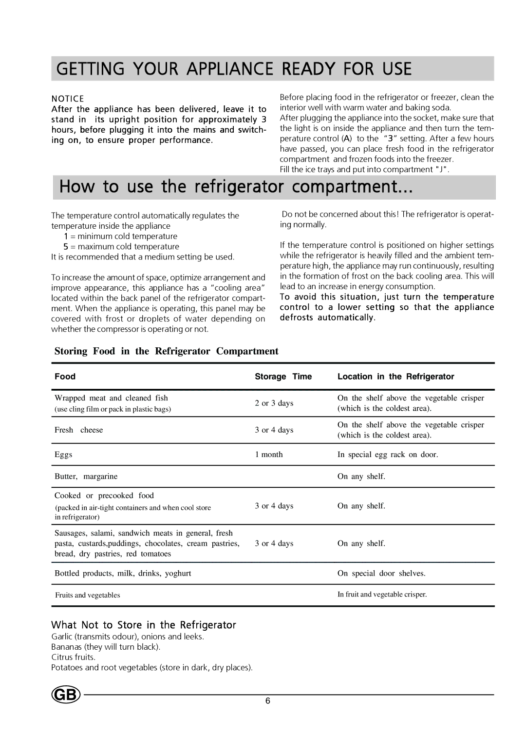 Hotpoint HT232I manual Getting Your Appliance Ready for USE, How to use the refrigerator compartment 