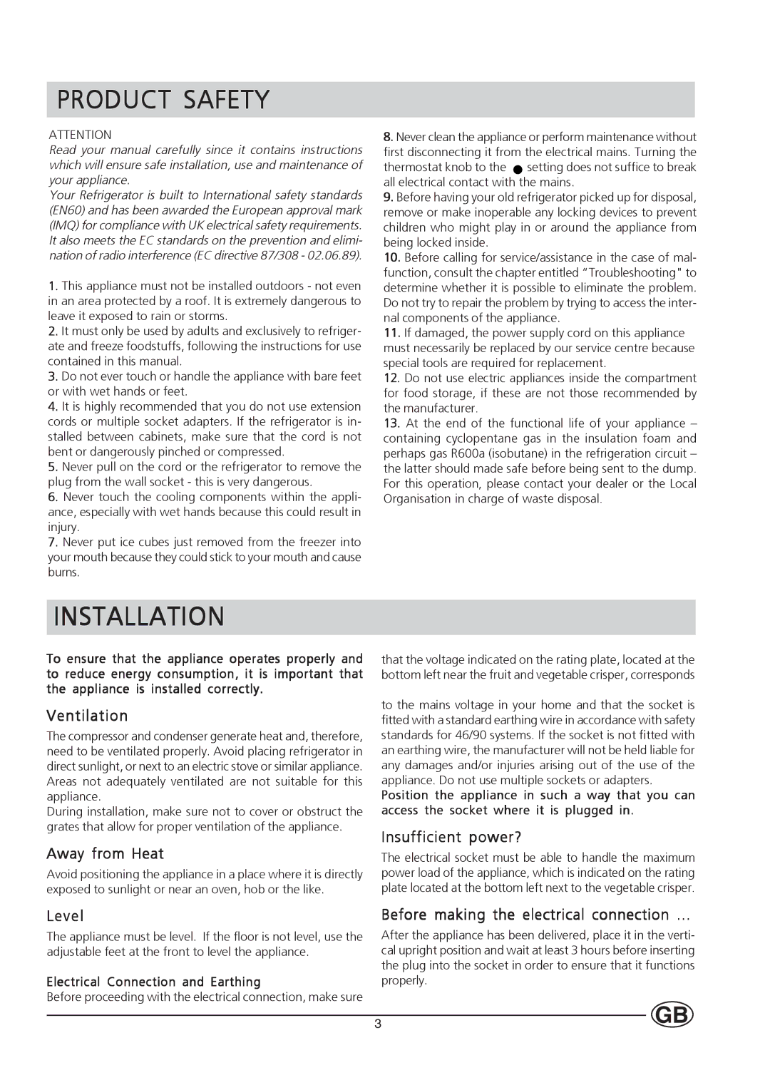 Hotpoint HT303 manual Product Safety, Installation 