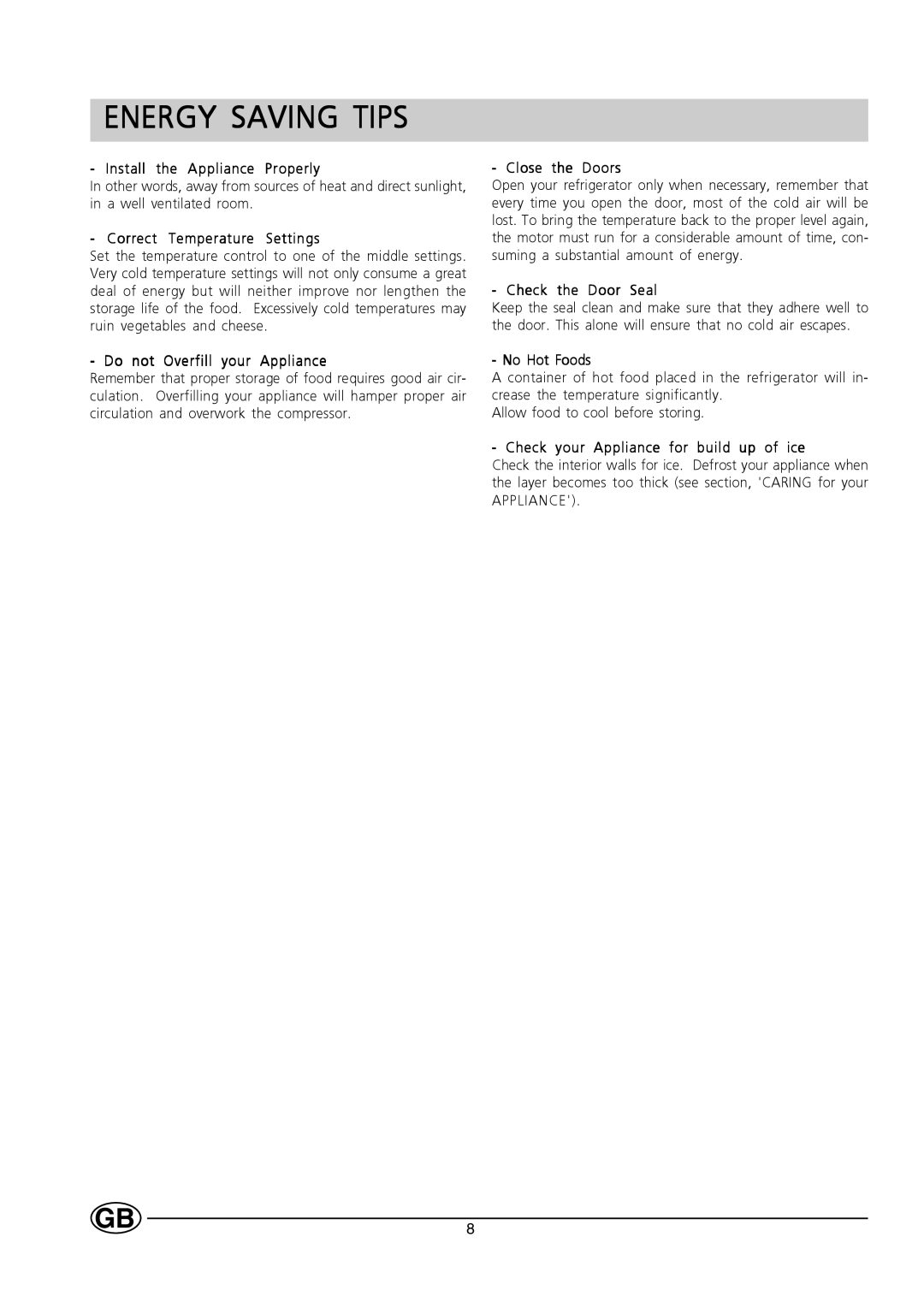 Hotpoint HT303 manual Energy Saving Tips, Correct Temperature Settings 