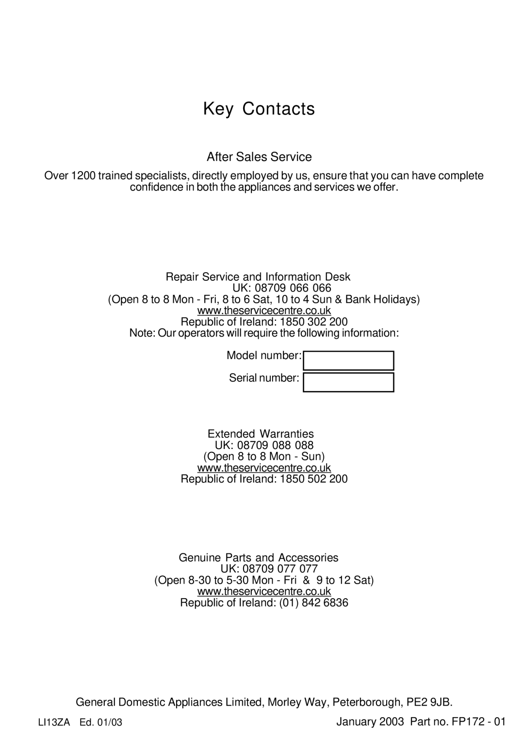 Hotpoint HT9X manual Key Contacts, After Sales Service, Repair Service and Information Desk, Extended Warranties 