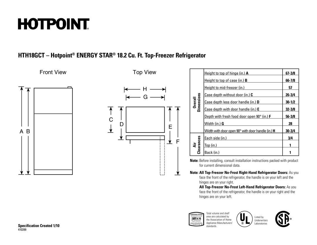 Hotpoint HTH18GCT, HTH18GBTWW installation instructions Front View Top View, 67-3/8, Specification Created 1/10 