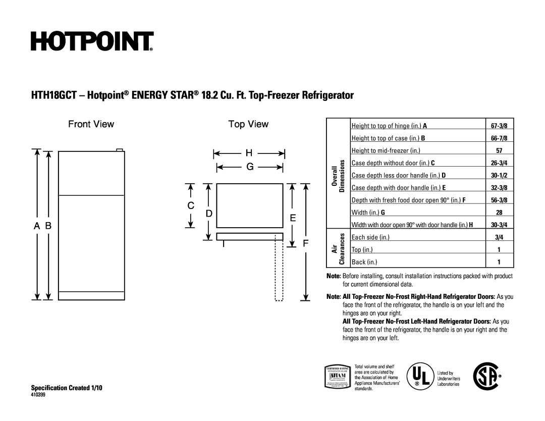 Hotpoint installation instructions HTH18GCT - Hotpoint ENERGY STAR 18.2 Cu. Ft. Top-Freezer Refrigerator, 67-3/8 