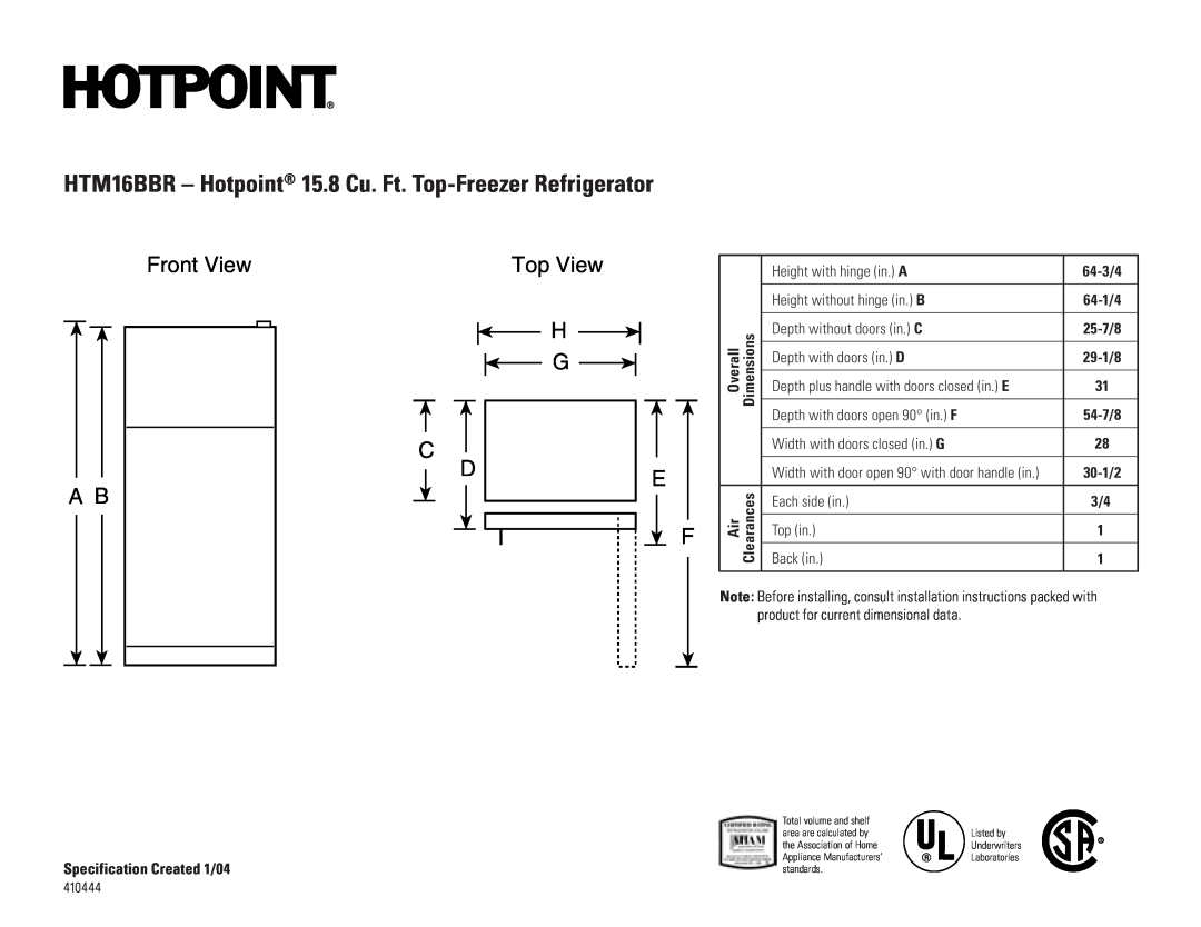 Hotpoint dimensions HTM16BBR - Hotpoint 15.8 Cu. Ft. Top-Freezer Refrigerator, Front View A B, Top View H G D, 64-3/4 