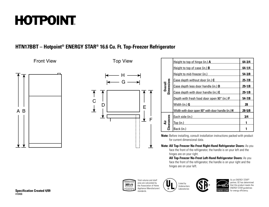 Hotpoint HTN17BBT installation instructions Front View Top View, 64-3/4, Specification Created 4/09 