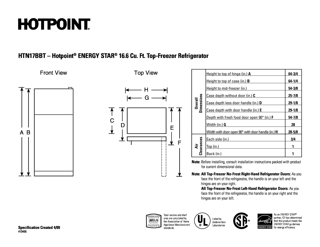 Hotpoint installation instructions HTN17BBT - Hotpoint ENERGY STAR 16.6 Cu. Ft. Top-Freezer Refrigerator, 64-3/4 
