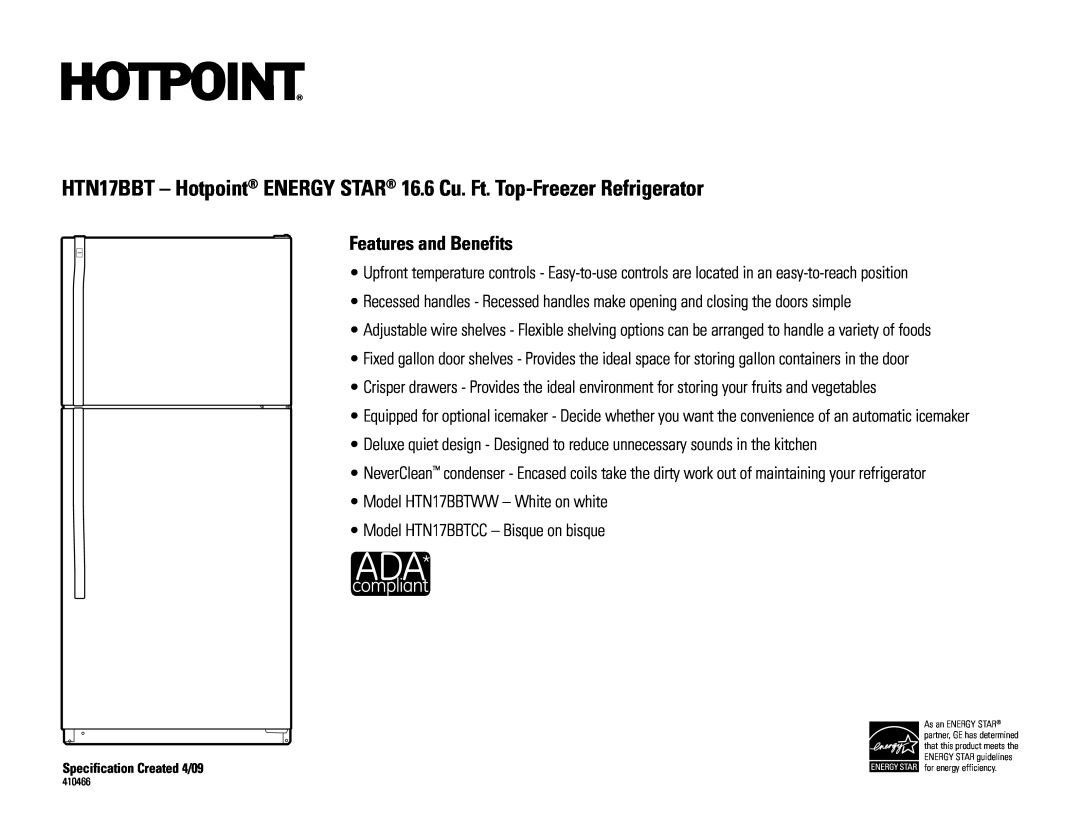 Hotpoint HTN17BBT - Hotpoint ENERGY STAR 16.6 Cu. Ft. Top-Freezer Refrigerator, Features and Benefits 