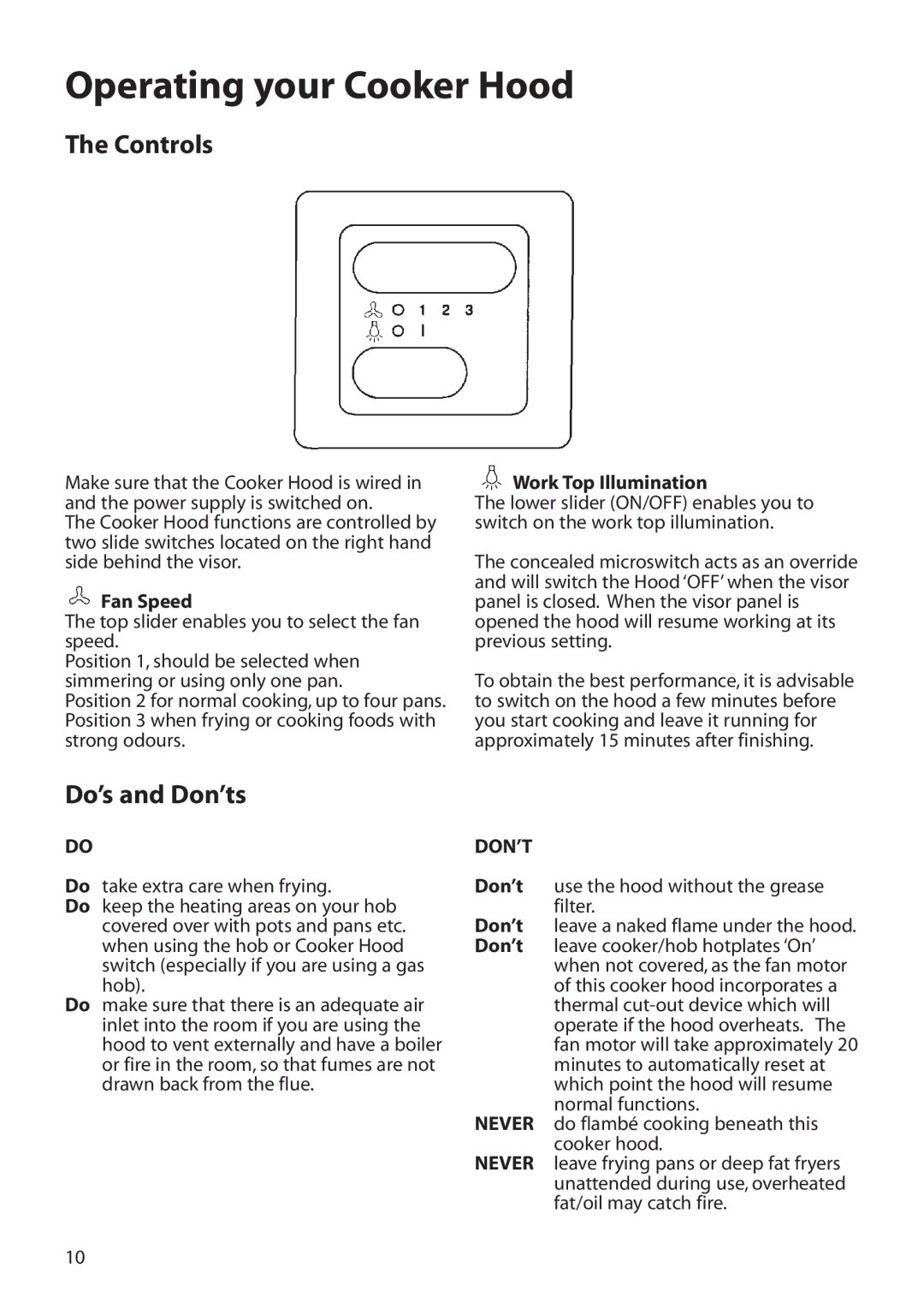 Hotpoint HTN40 manual Operating your Cooker Hood, Fan Speed, Work Top Illumination, Don’t 