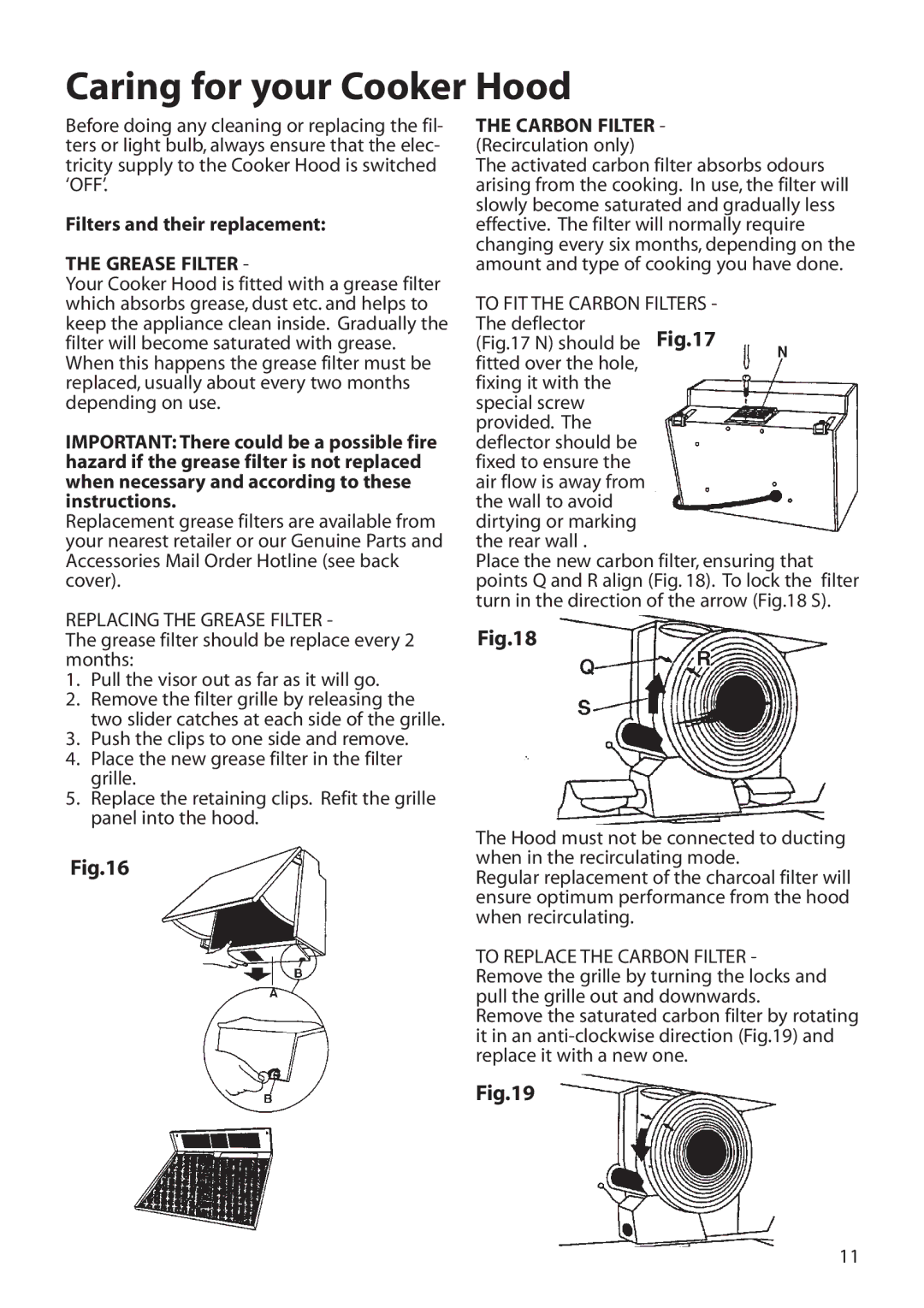 Hotpoint HTN40 manual Caring for your Cooker Hood, Filters and their replacement, Carbon Filter Recirculation only 