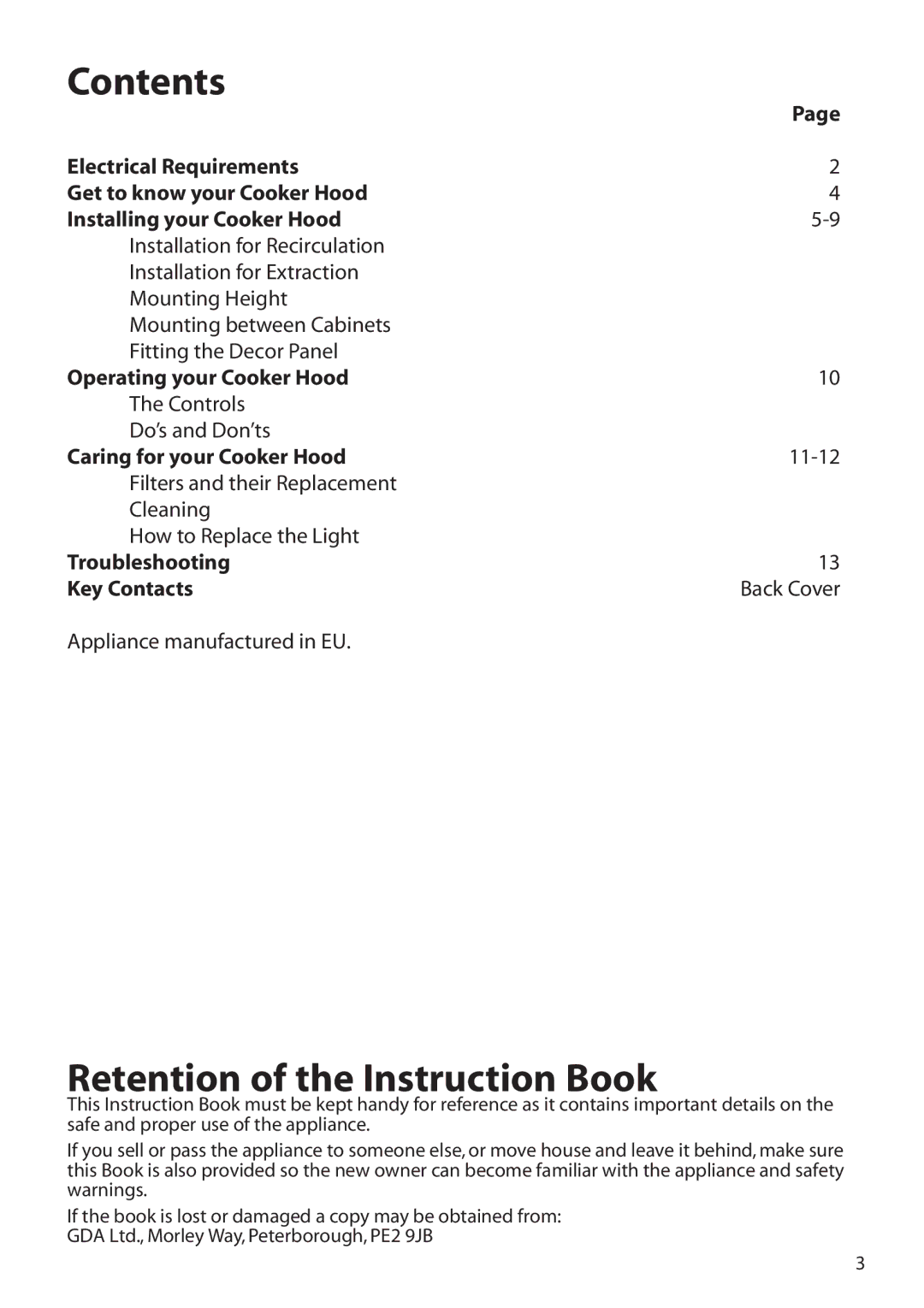 Hotpoint HTN40 manual Contents, Retention of the Instruction Book 