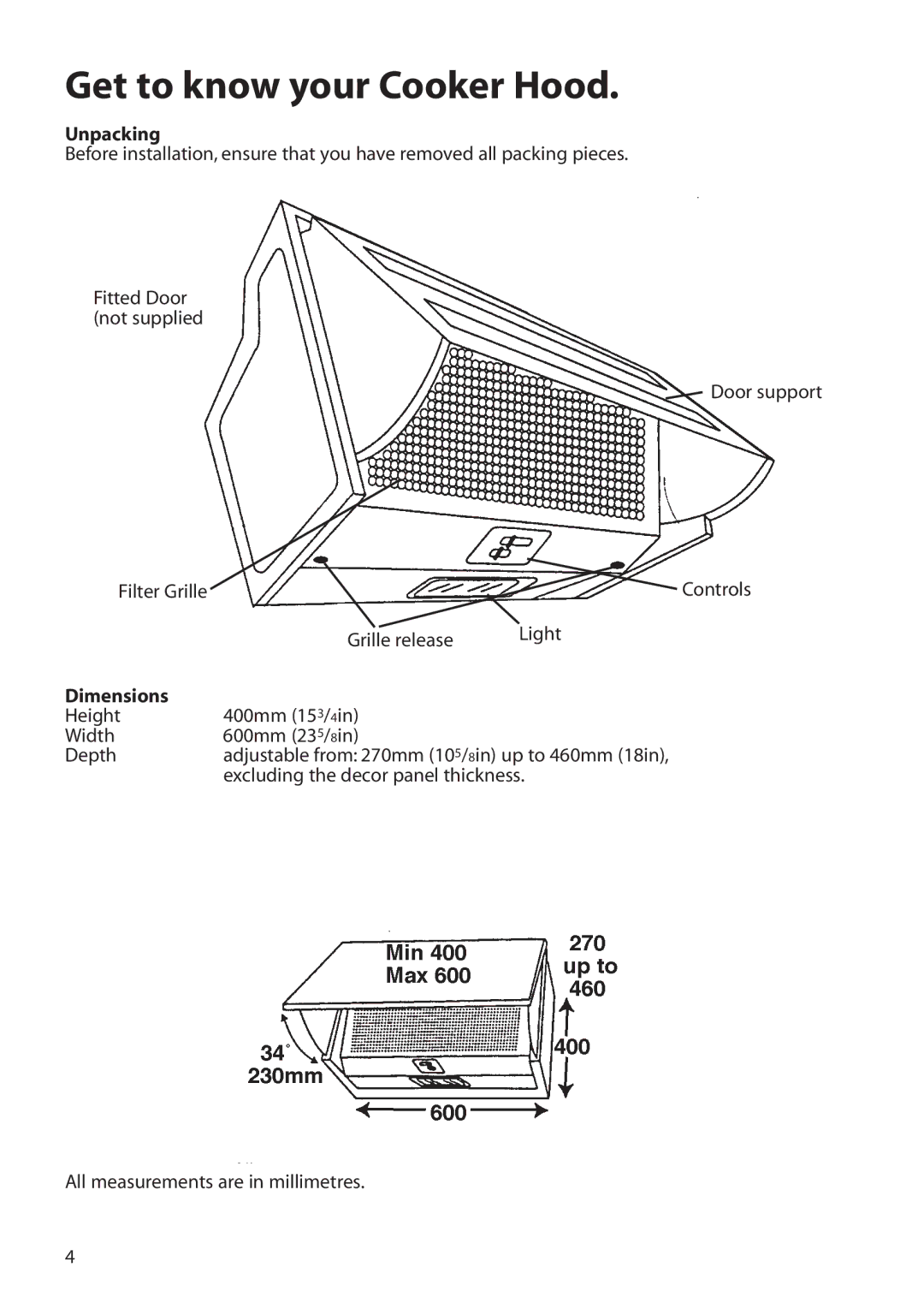 Hotpoint HTN40 manual Get to know your Cooker Hood, Unpacking, Dimensions 