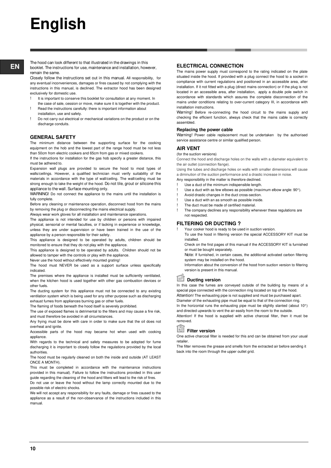 Hotpoint HTN41 manual General Safety, Electrical Connection, AIR Vent, Filtering or Ducting ? 