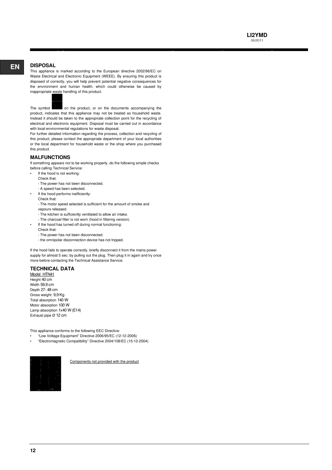 Hotpoint HTN41 manual Disposal, Malfunctions, Technical Data 