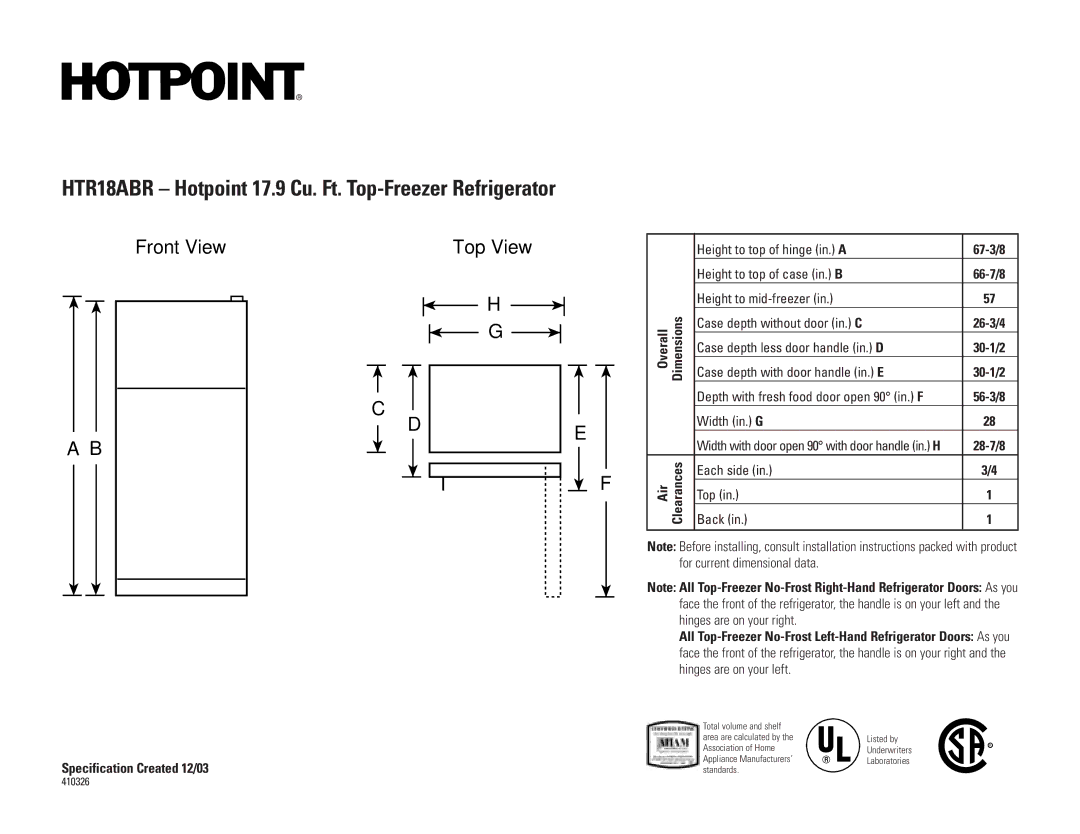 Hotpoint installation instructions HTR18ABR Hotpoint 17.9 Cu. Ft. Top-Freezer Refrigerator, Front View Top View, 67-3/8 