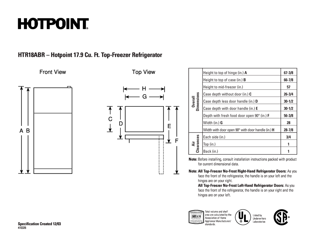 Hotpoint installation instructions HTR18ABR - Hotpoint 17.9 Cu. Ft. Top-Freezer Refrigerator, Front View A B, 67-3/8 