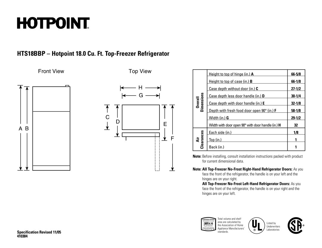 Hotpoint installation instructions HTS18BBP Hotpoint 18.0 Cu. Ft. Top-Freezer Refrigerator, Front View Top View 