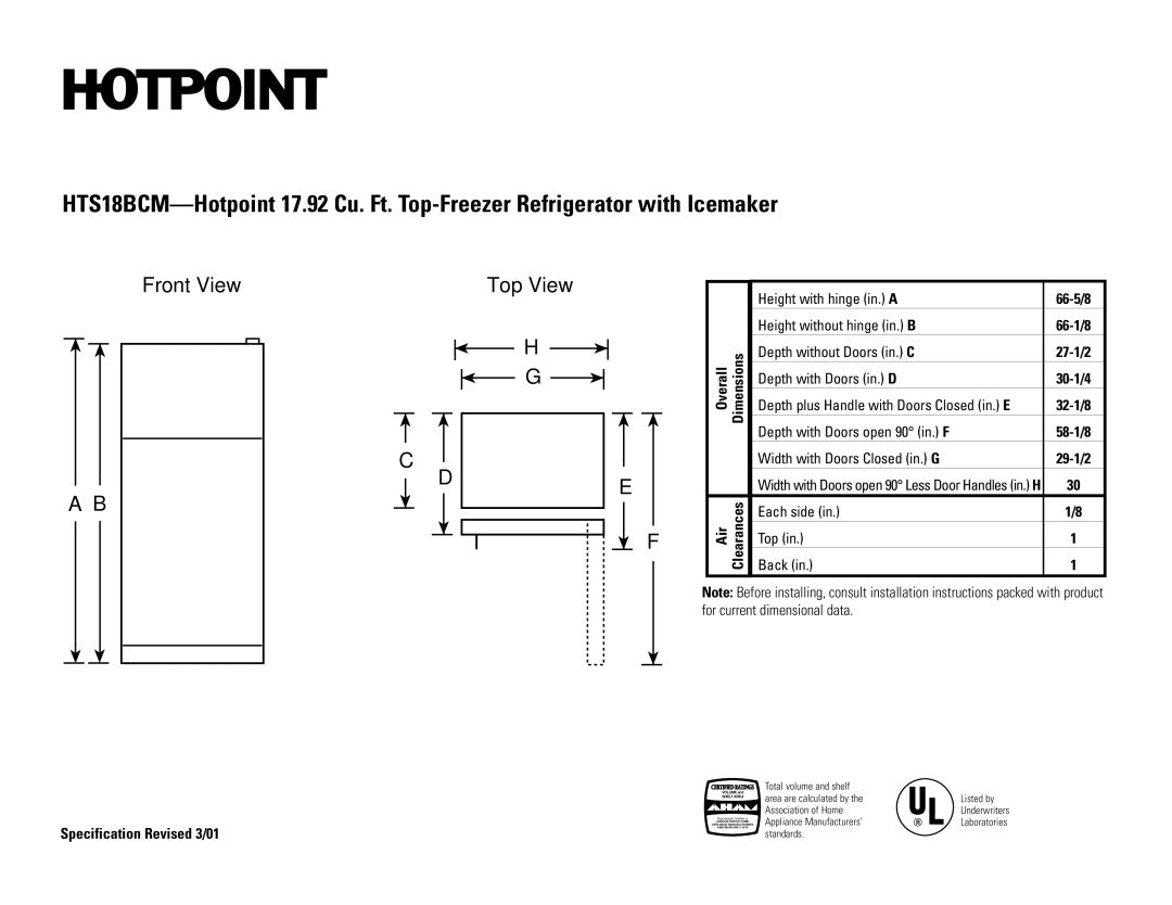 Hotpoint HTS18BCM installation instructions Front View Top View 