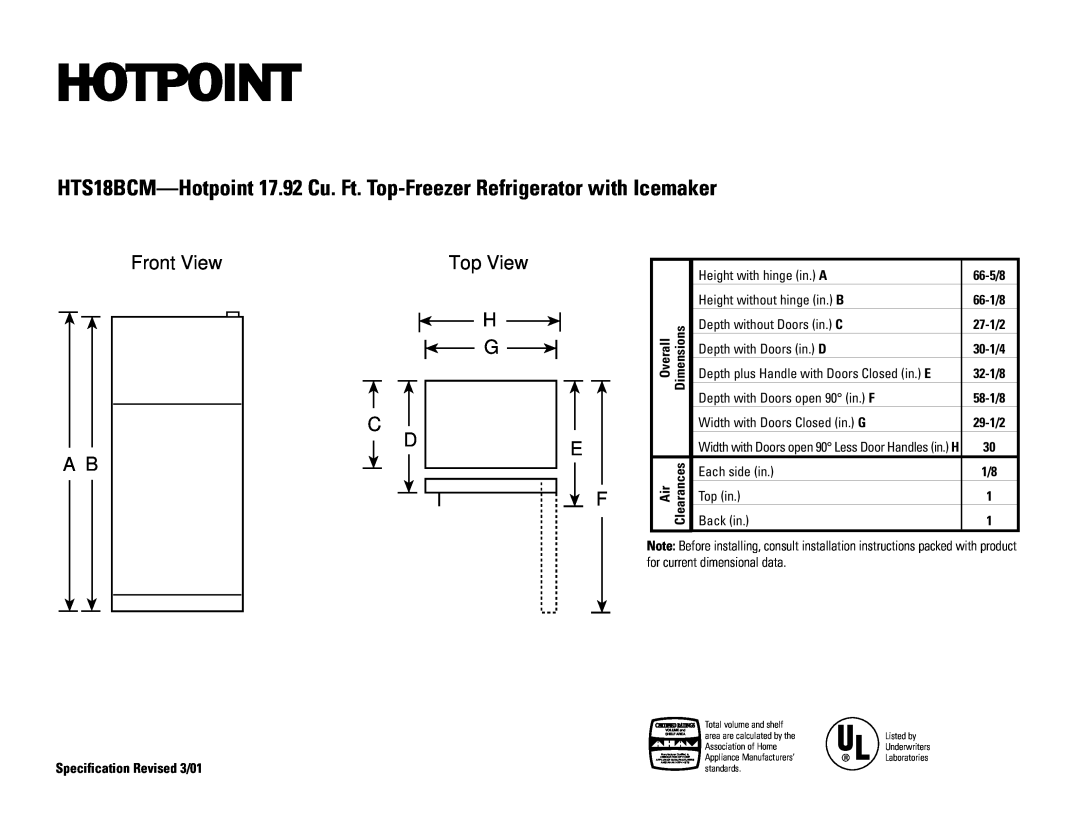 Hotpoint HTS18BCM installation instructions Front View A B, Top View H G C D 