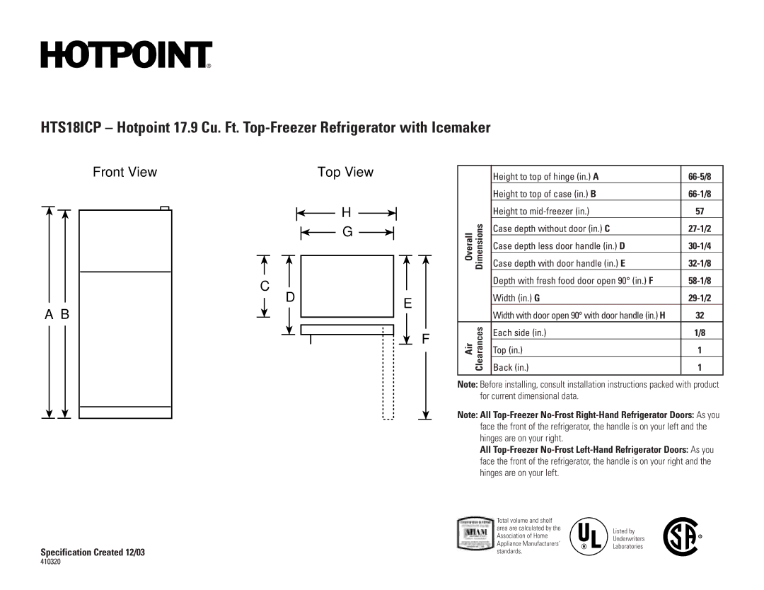 Hotpoint HTS18ICP installation instructions Front View Top View, 66-5/8, Overall, 58-1/8, Air 